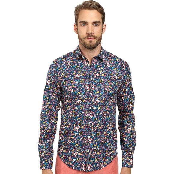 MOODS OF NORWAY Arne Vik Button Up Shirt Men M Blue Retro Floral Cotton Slim Fit - Picture 1 of 12